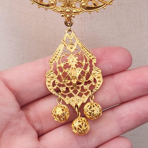 Vintage 1970's Egyptian Revival Tiered Chandelier Statement Necklace - Picture 11 of 14